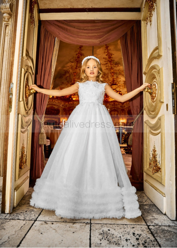 Beaded White Lace Tulle V Back Chic Flower Girl Dress